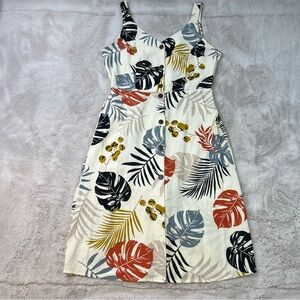 Monteau Tropical Print Button Front Sundress Rayon Linen Size Large Palm Leaves